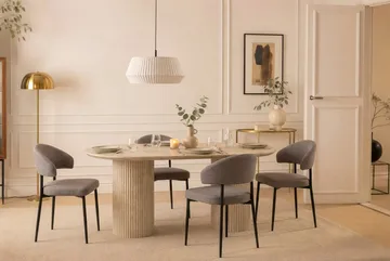 Uppveda Ovalt Spisebord 180x90 cm med 4 Sawako Greige Stoler - Travertin/Greige - Møbler - Bord - Spisegruppe