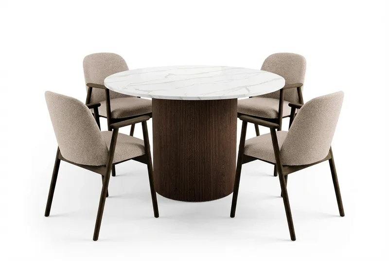 Uppveda Rundt Spisebord 120 cm med 4 Reciclar Spisestoler, Hvit/Brun/Greige