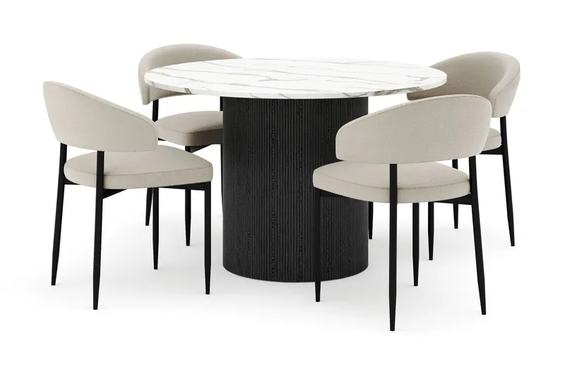 Uppveda Rundt Spisebord 120 cm med 4 Sawako Stoler, Svart/Hvit