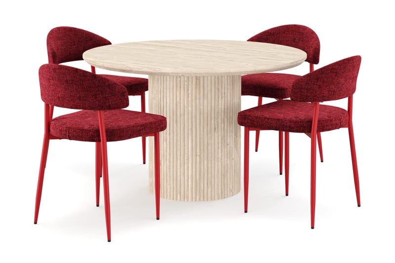 Uppveda Rundt Spisebord 120 cm med travertin-look med 4 stk Jairam Spisestoler, Beige