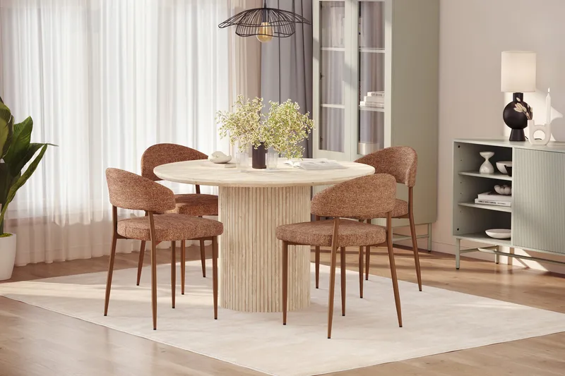 Uppveda Rundt Spisebord 120 cm med travertin-look med 4 stk Jairam Spisestoler - Beige - Møbler - Bord - Spisegruppe