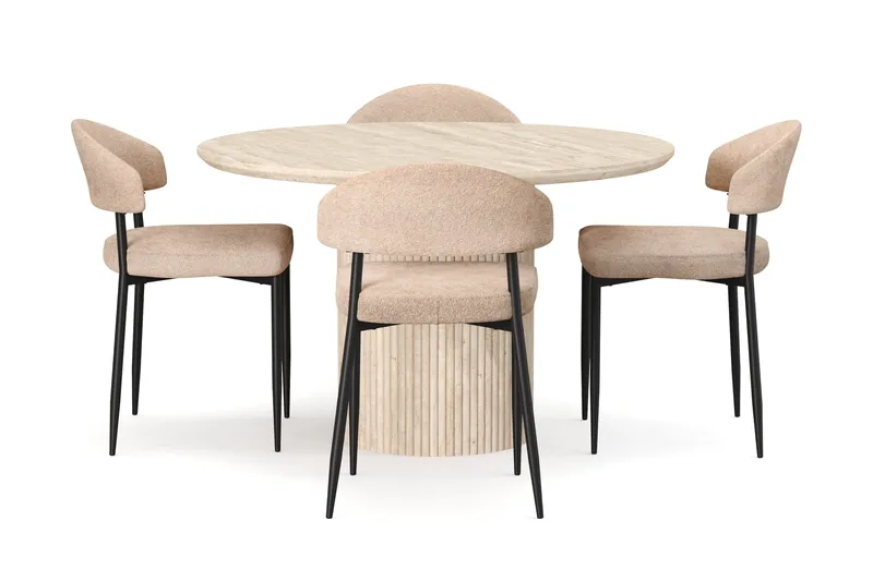 Uppveda Rundt Spisebord 120 cm med travertin-look med 4 stk Jairam Spisestoler - Beige - Møbler - Bord - Spisegruppe