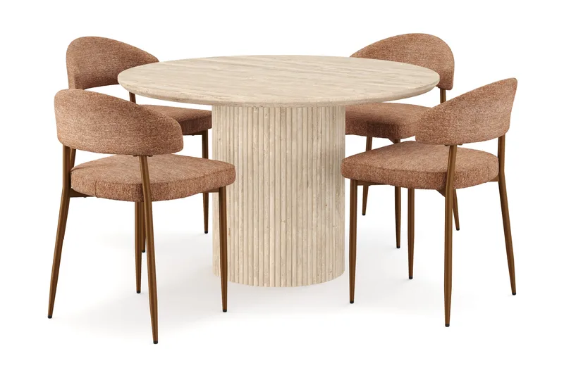 Uppveda Rundt Spisebord 120 cm med travertin-look med 4 stk Jairam Spisestoler, Beige