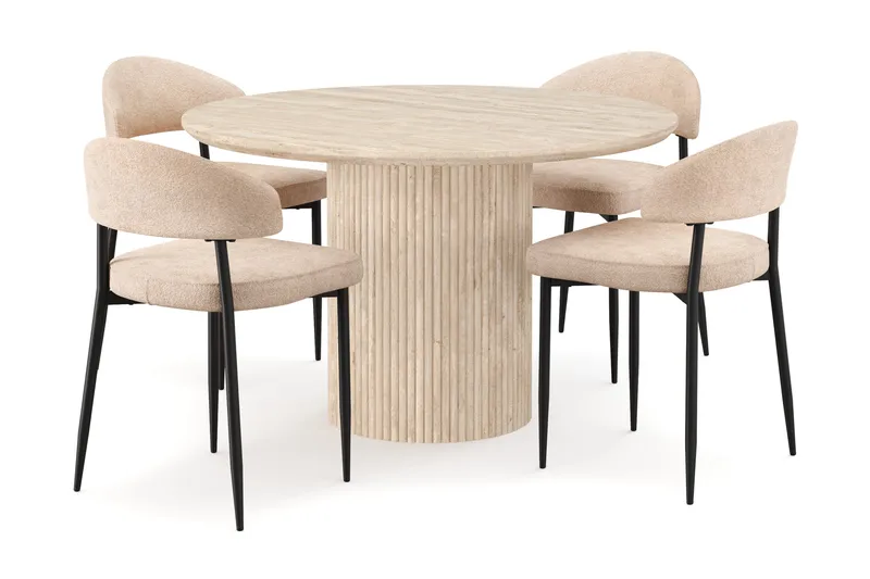 Uppveda Rundt Spisebord 120 cm med travertin-look med 4 stk Jairam Spisestoler, Beige