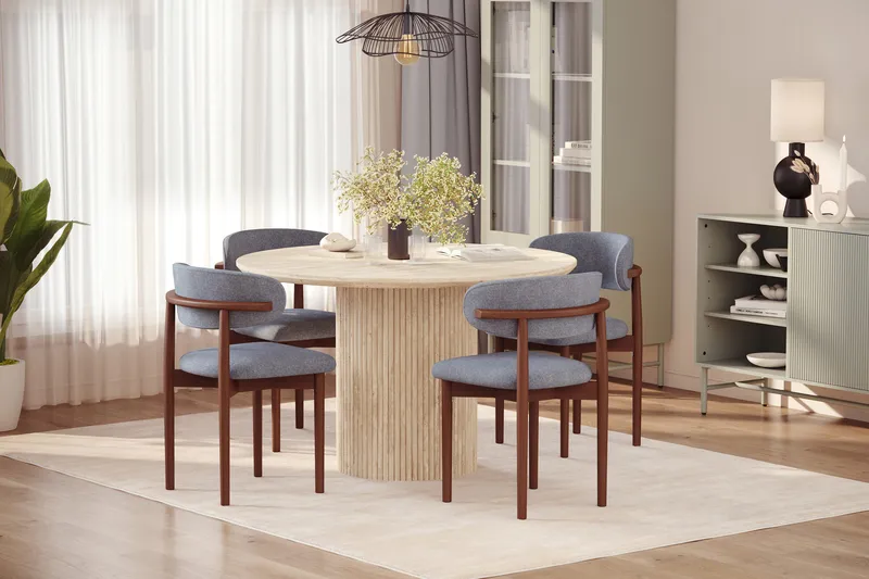 Uppveda Rundt Spisebord 120 cm med travertin-look med 4 stk Jaiveer Spisestoler - Beige - Møbler - Bord - Spisegruppe