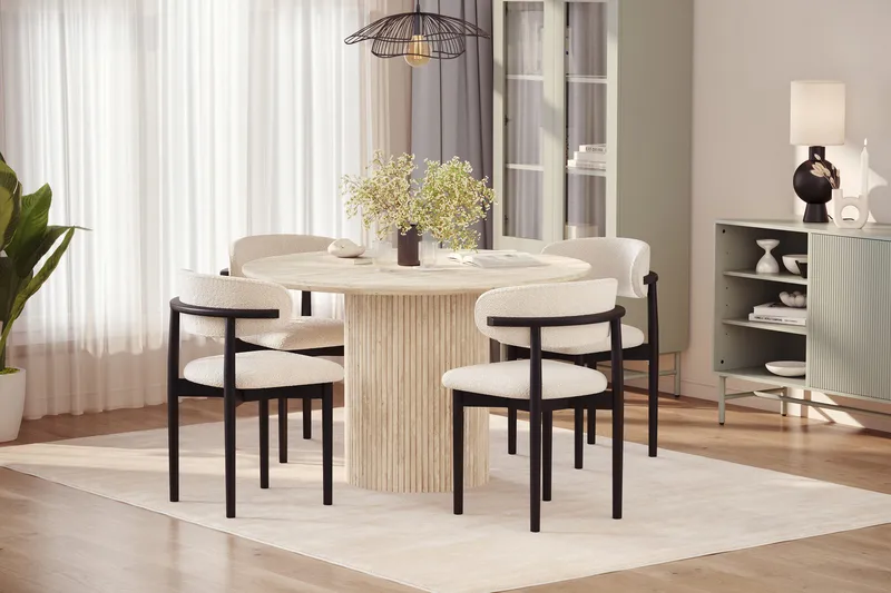 Uppveda Rundt Spisebord 120 cm med travertin-look med 4 stk Jaiveer Spisestoler - Beige - Møbler - Bord - Spisegruppe