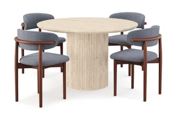 Uppveda Rundt Spisebord 120 cm med travertin-look med 4 stk Jaiveer Spisestoler - Beige - Møbler - Bord - Spisegruppe
