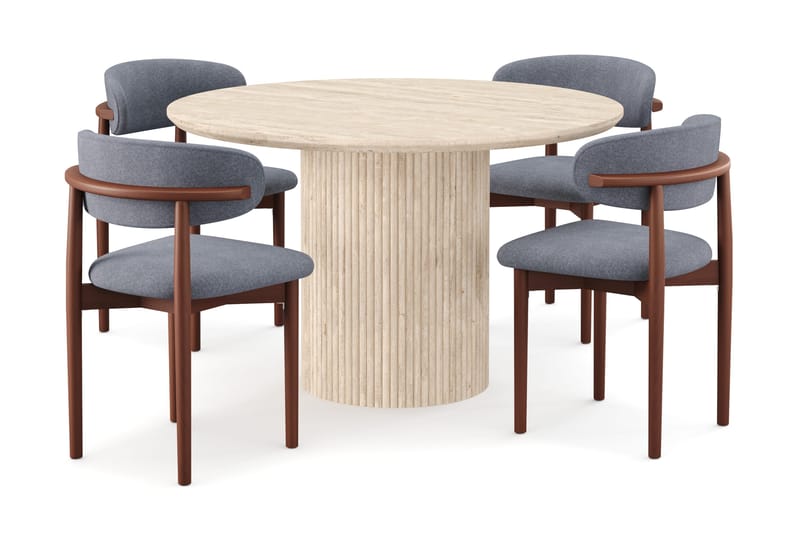 Uppveda Rundt Spisebord 120 cm med travertin-look med 4 stk Jaiveer Spisestoler, Beige