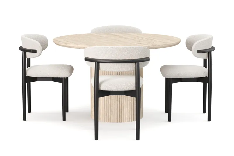 Uppveda Rundt Spisebord 120 cm med travertin-look med 4 stk Jaiveer Spisestoler - Beige - Møbler - Bord - Spisegruppe