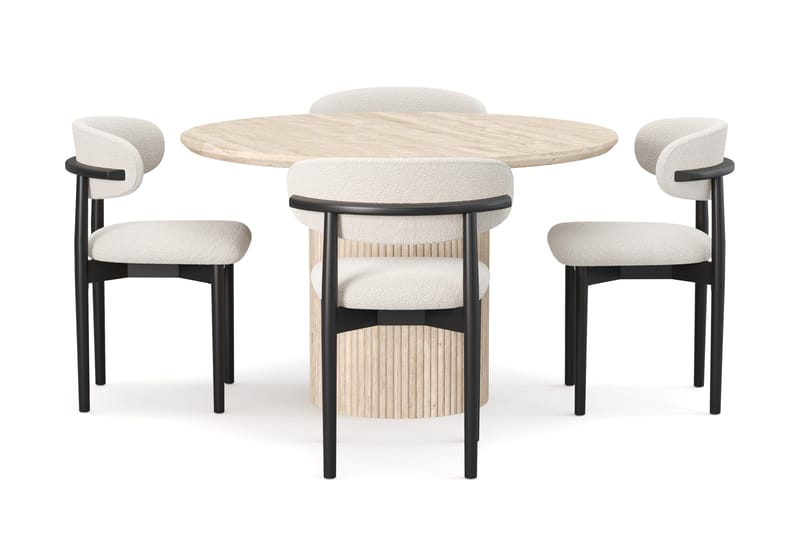 Uppveda Rundt Spisebord 120 cm med travertin-look med 4 stk Jaiveer Spisestoler - Beige - Møbler - Bord - Spisegruppe