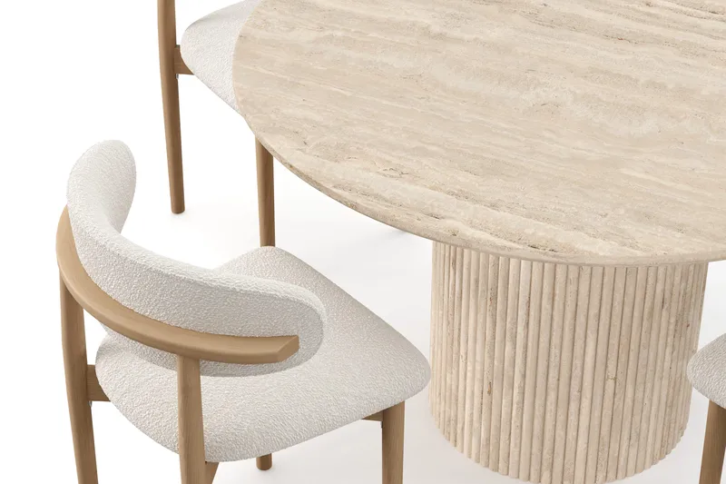 Uppveda Rundt Spisebord 120 cm med travertin-look med 4 stk Jaiveer Spisestoler - Beige - Møbler - Bord - Spisegruppe