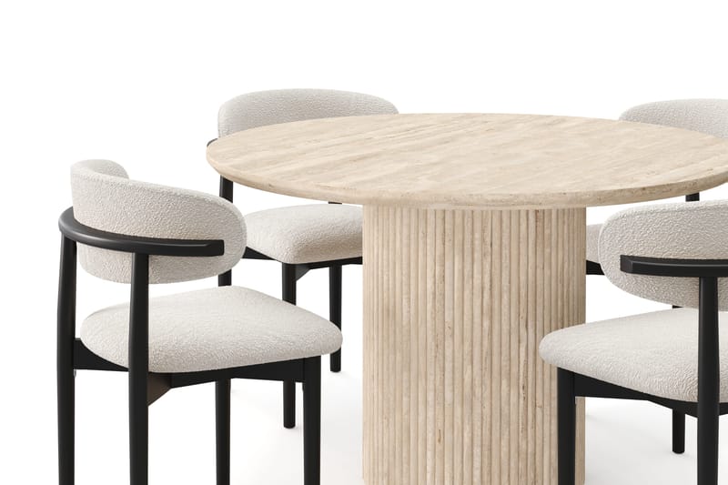 Uppveda Rundt Spisebord 120 cm med travertin-look med 4 stk Jaiveer Spisestoler - Beige - Møbler - Bord - Spisegruppe