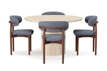 Uppveda Rundt Spisebord 120 cm med travertin-look med 4 stk Jaiveer Spisestoler - Beige - Møbler - Bord - Spisegruppe