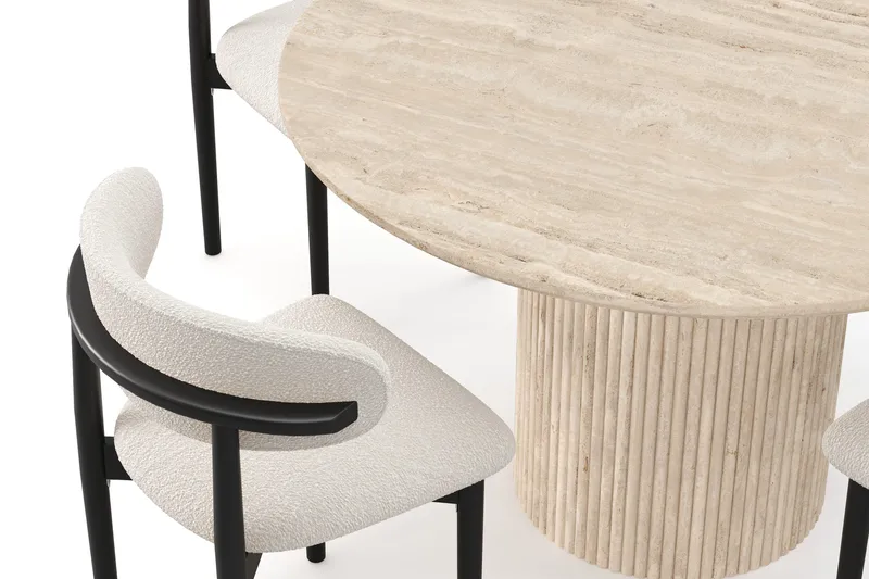 Uppveda Rundt Spisebord 120 cm med travertin-look med 4 stk Jaiveer Spisestoler - Beige - Møbler - Bord - Spisegruppe