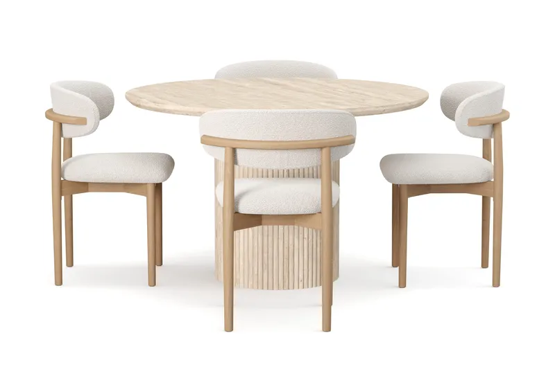 Uppveda Rundt Spisebord 120 cm med travertin-look med 4 stk Jaiveer Spisestoler - Beige - Møbler - Bord - Spisegruppe