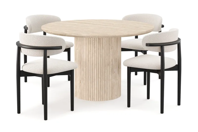 Uppveda Rundt Spisebord 120 cm med travertin-look med 4 stk Jaiveer Spisestoler, Beige