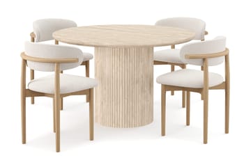 Uppveda Rundt Spisebord 120 cm med travertin-look med 4 stk Jaiveer Spisestoler - Beige - Møbler - Bord - Spisegruppe