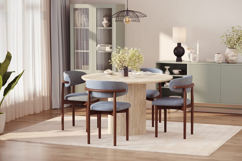 Uppveda Rundt Spisebord 120 cm med travertin-look med 4 stk Jaiveer Spisestoler - Beige - Møbler - Bord - Spisegruppe