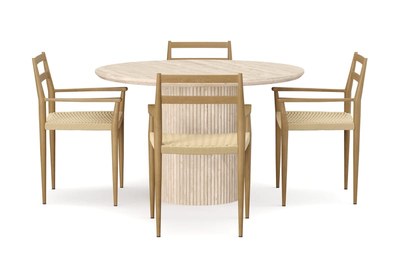 Uppveda Rundt Spisebord 120 cm med travertin-look med 4 stk Jamna Armstoler - Beige - Møbler - Bord - Spisegruppe