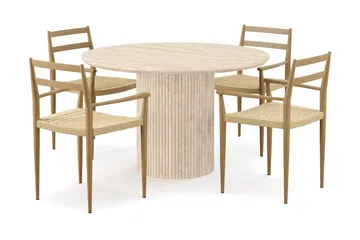 Uppveda Rundt Spisebord 120 cm med travertin-look med 4 stk Jamna Armstoler - Beige - Møbler - Bord - Spisegruppe