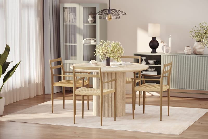 Uppveda Rundt Spisebord 120 cm med travertin-look med 4 stk Jamna Armstoler - Beige - Møbler - Bord - Spisegruppe