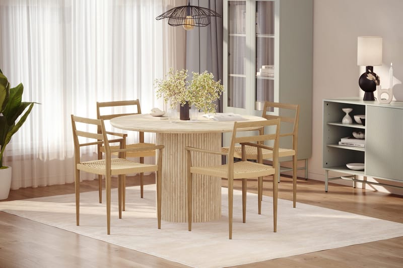 Uppveda Rundt Spisebord 120 cm med travertin-look med 4 stk Jamna Armstoler - Beige - Møbler - Bord - Spisegruppe