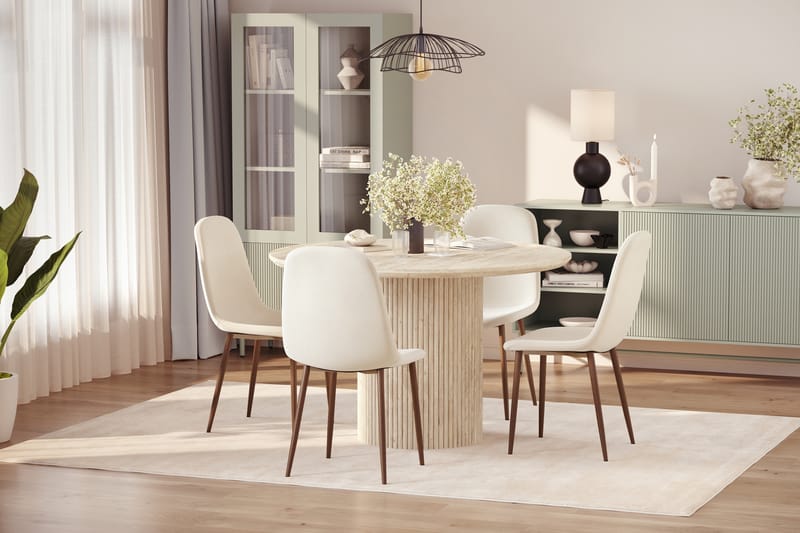 Uppveda Rundt Spisebord 120 cm med travertin-look med 4 stk Nibe Spisestoler - Beige - Møbler - Bord - Spisegruppe