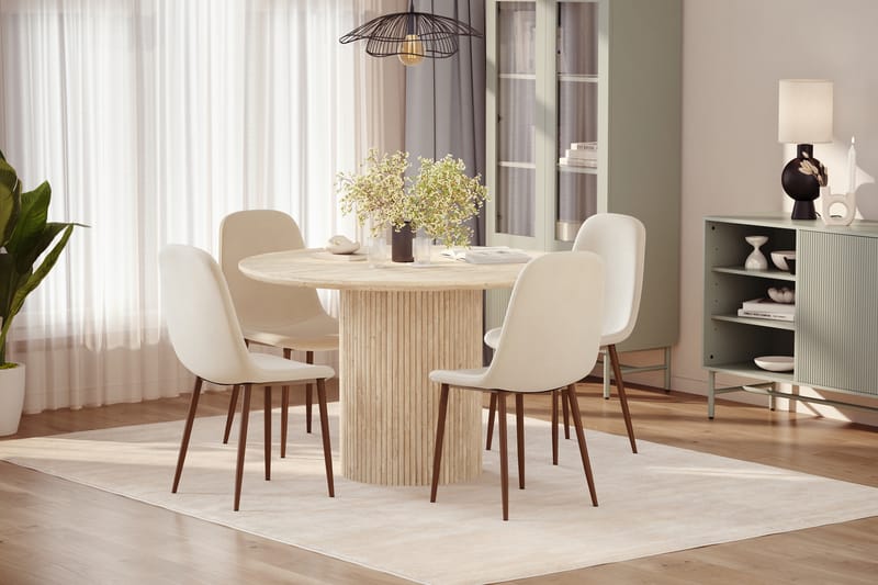 Uppveda Rundt Spisebord 120 cm med travertin-look med 4 stk Nibe Spisestoler - Beige - Møbler - Bord - Spisegruppe