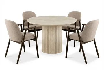 Uppveda Rundt Spisebord 120 cm Travertin med 4 Reciclar Spisestoler - Travertin/Greige - Møbler - Bord - Spisegruppe