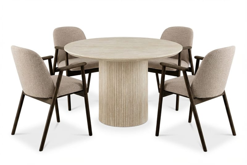 Uppveda Rundt Spisebord 120 cm Travertin med 4 Reciclar Spisestoler, Travertin/Greige