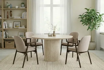 Uppveda Rundt Spisebord 120 cm Travertin med 4 Reciclar Spisestoler - Travertin/Greige - Møbler - Bord - Spisegruppe