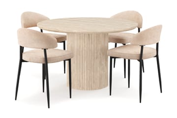 Uppveda Rundt Spisebord 130 cm med travertin-look med 4 stk Jairam Spisestoler - Beige - Møbler - Bord - Spisegruppe