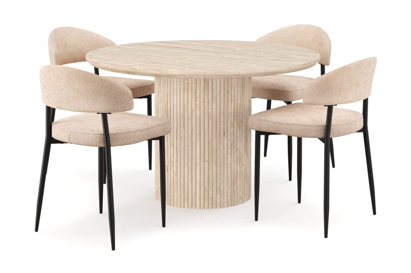 Uppveda Rundt Spisebord 130 cm med travertin-look med 4 stk Jairam Spisestoler - Beige - Møbler - Bord - Spisegruppe