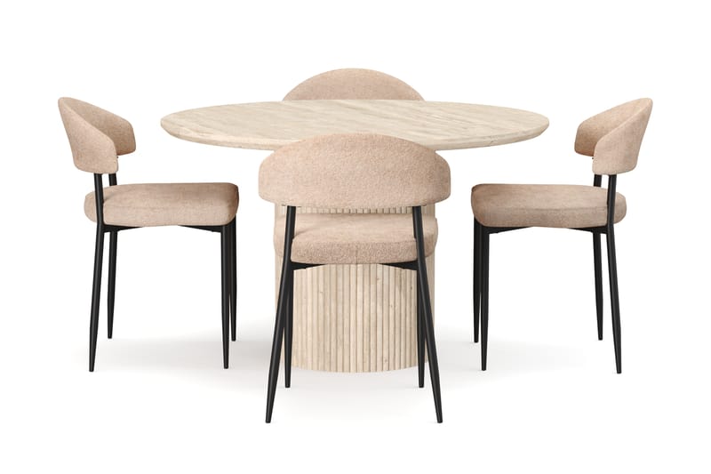 Uppveda Rundt Spisebord 130 cm med travertin-look med 4 stk Jairam Spisestoler - Beige - Møbler - Bord - Spisegruppe