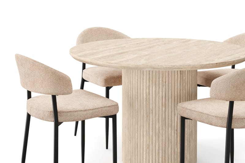 Uppveda Rundt Spisebord 130 cm med travertin-look med 4 stk Jairam Spisestoler - Beige - Møbler - Bord - Spisegruppe