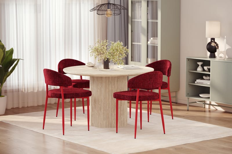Uppveda Rundt Spisebord 130 cm med travertin-look med 4 stk Jairam Spisestoler - Beige - Møbler - Bord - Spisegruppe