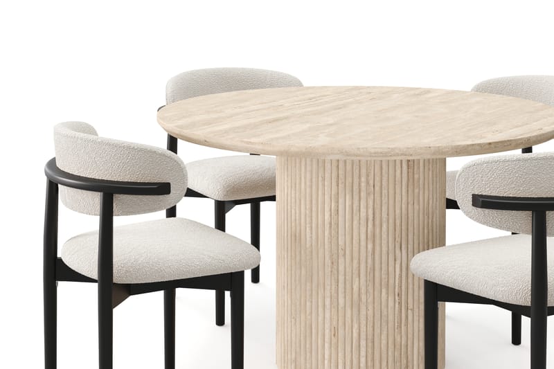 Uppveda Rundt Spisebord 130 cm med travertin-look med 4 stk Jaiveer Spisestoler - Beige - Møbler - Bord - Spisegruppe
