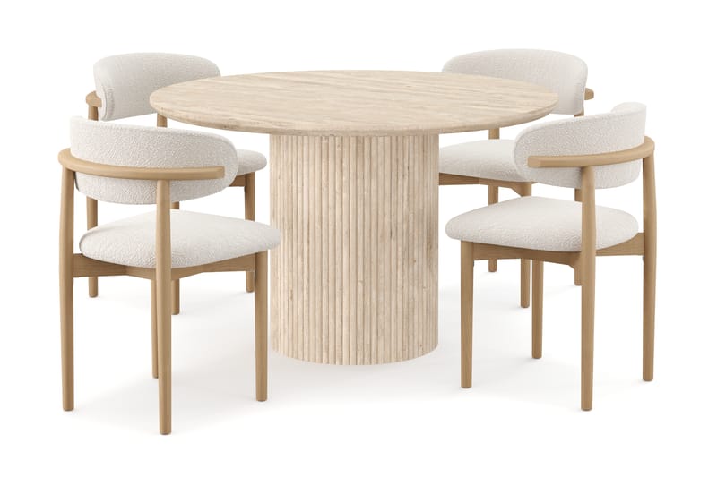 Uppveda Rundt Spisebord 130 cm med travertin-look med 4 stk Jaiveer Spisestoler - Beige - Møbler - Bord - Spisegruppe