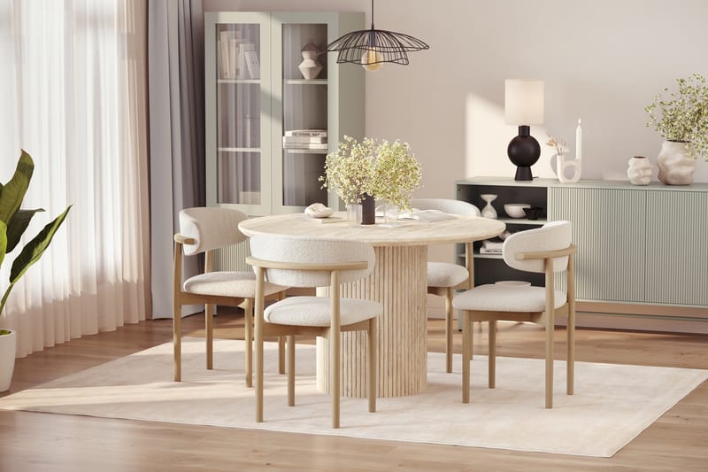Uppveda Rundt Spisebord 130 cm med travertin-look med 4 stk Jaiveer Spisestoler - Beige - Møbler - Bord - Spisegruppe