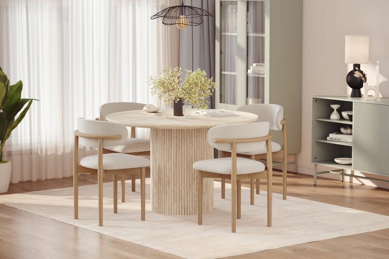 Uppveda Rundt Spisebord 130 cm med travertin-look med 4 stk Jaiveer Spisestoler - Beige - Møbler - Bord - Spisegruppe