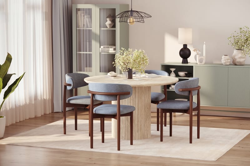 Uppveda Rundt Spisebord 130 cm med travertin-look med 4 stk Jaiveer Spisestoler - Beige - Møbler - Bord - Spisegruppe