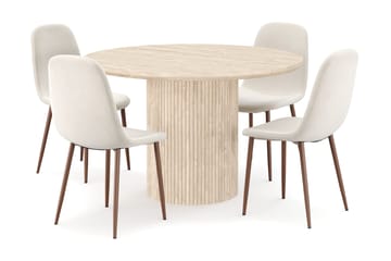 Uppveda Rundt Spisebord 130 cm med travertin-look med 4 stk Nibe Spisestoler - Beige - Møbler - Bord - Spisegruppe