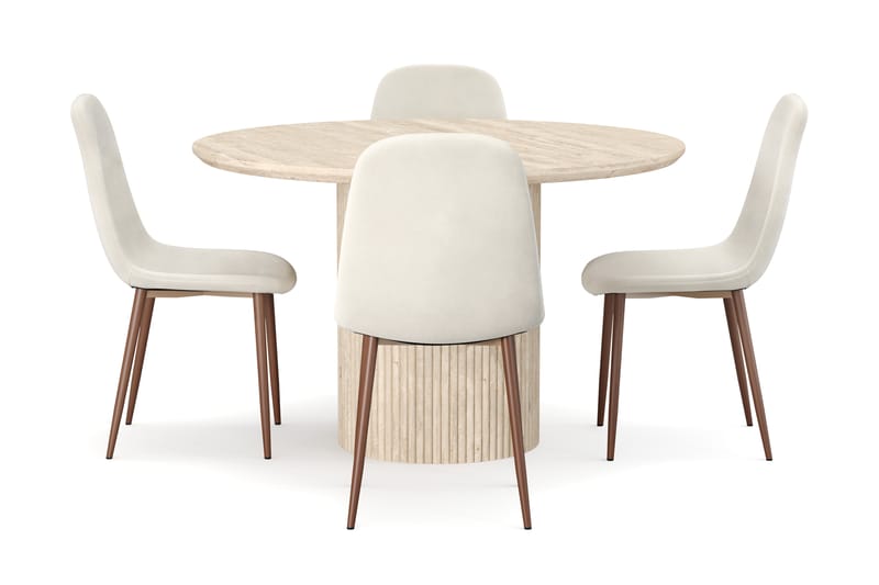 Uppveda Rundt Spisebord 130 cm med travertin-look med 4 stk Nibe Spisestoler - Beige - Møbler - Bord - Spisegruppe