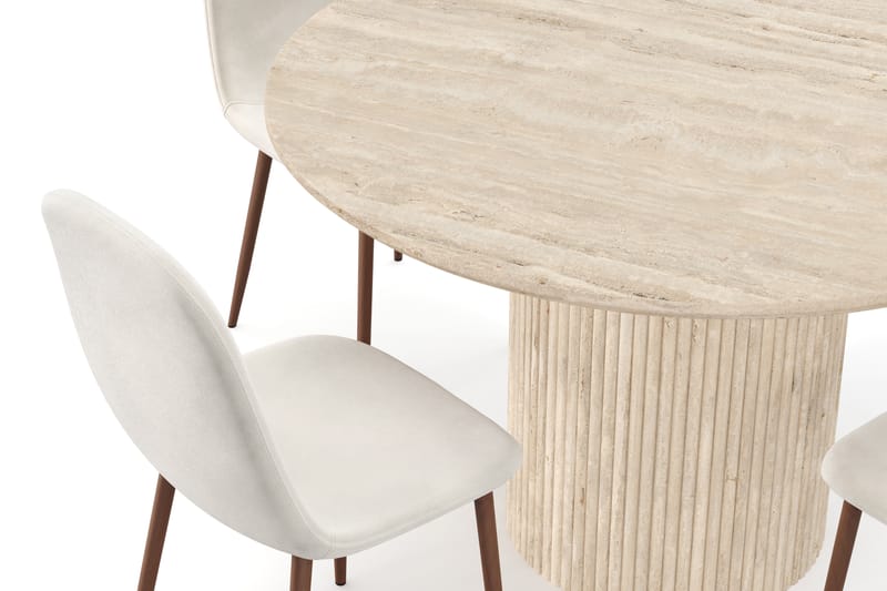 Uppveda Rundt Spisebord 130 cm med travertin-look med 4 stk Nibe Spisestoler - Beige - Møbler - Bord - Spisegruppe