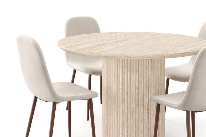 Uppveda Rundt Spisebord 130 cm med travertin-look med 4 stk Nibe Spisestoler - Beige - Møbler - Bord - Spisegruppe