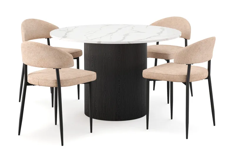 Uppveda Spisebord 120 cm Rund med 4 stk Jairam Matstkolar, Svart/Hvit