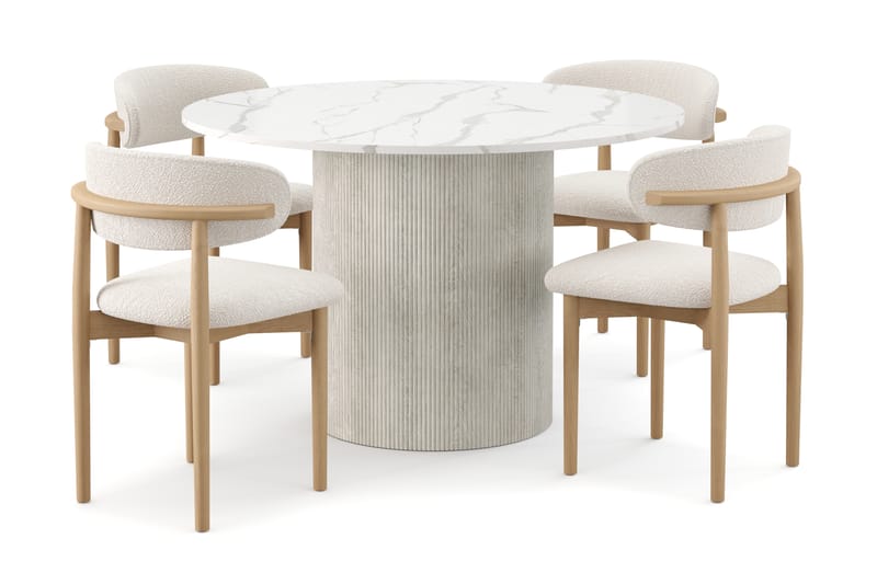 Uppveda Spisebord 120 cm Rund med 4 stk Jaiveer Matstkolar, Hvit