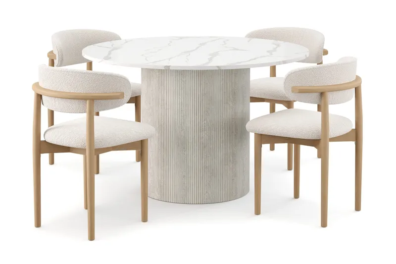 Uppveda Spisebord 120 cm Rund med 4 stk Jaiveer Matstkolar, Hvit