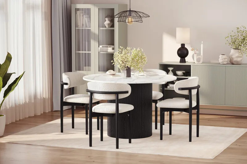 Uppveda Spisebord 120 cm Rund med 4 stk Jaiveer Matstkolar - Svart/Hvit - Møbler - Bord - Spisegruppe