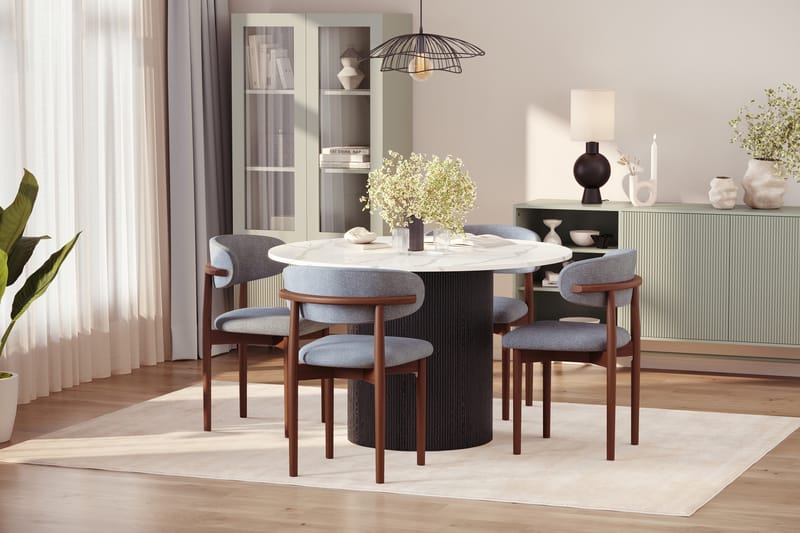 Uppveda Spisebord 120 cm Rund med 4 stk Jaiveer Matstkolar - Svart/Hvit - Møbler - Bord - Spisegruppe